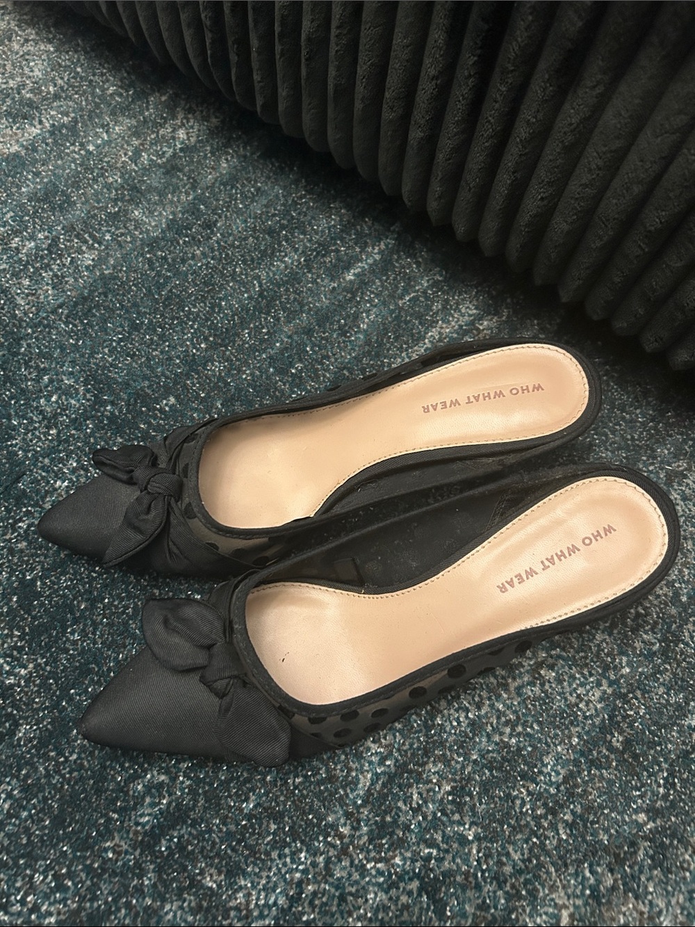 Who What Wear Black Polka Dot Mesh Bow Pointed Slip-On Mules - Picture 2 of 3
